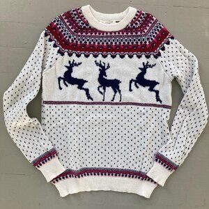 H&M Women's White and Navy Fair Isle Winter Holiday Sweater